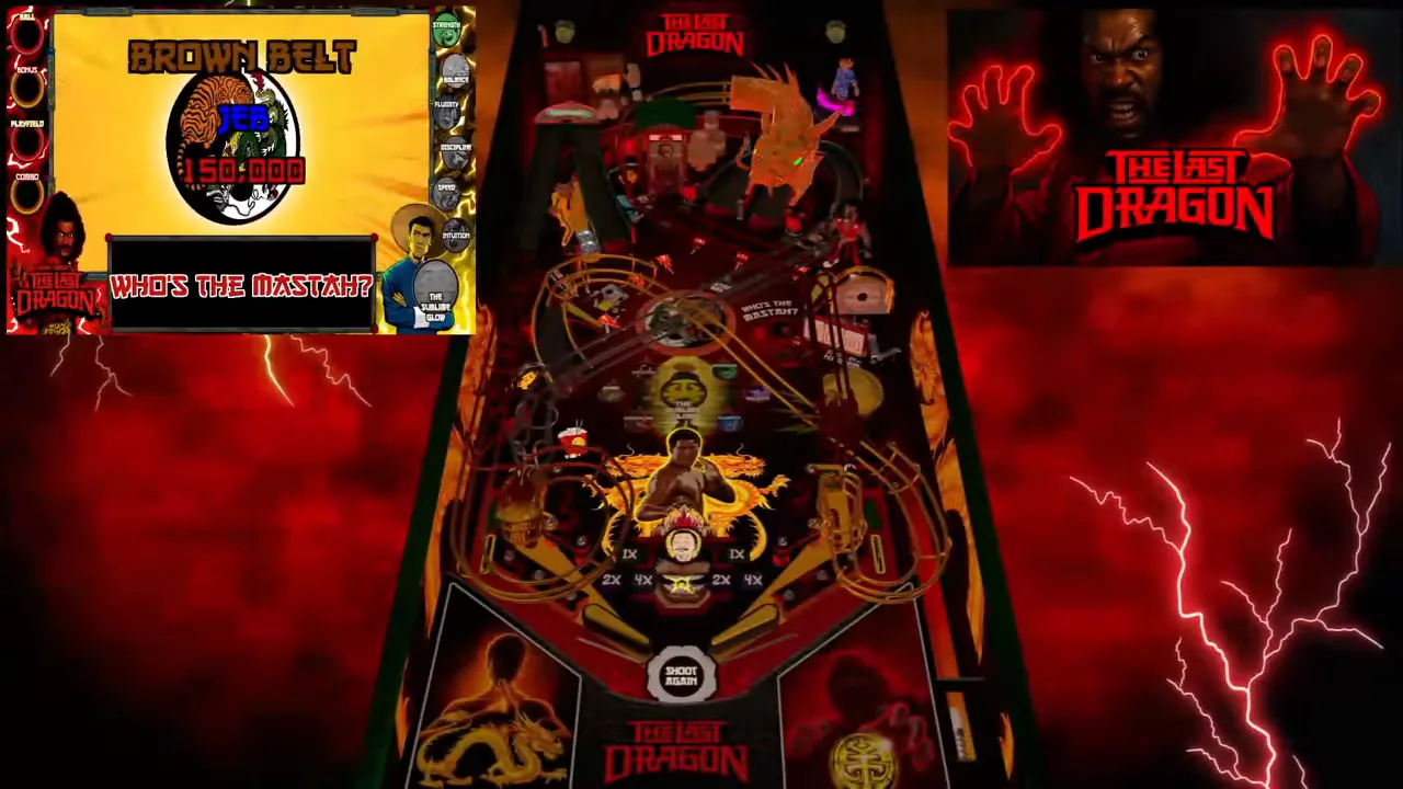 Table The Last Dragon en jeu avec playfield au centre backglass en haut à droite et zone vidéo à gauche