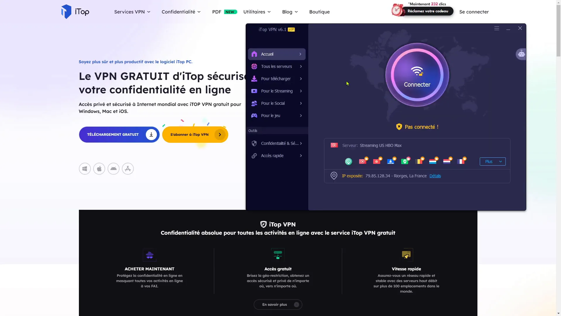 Interface utilisateur de iTop VPN