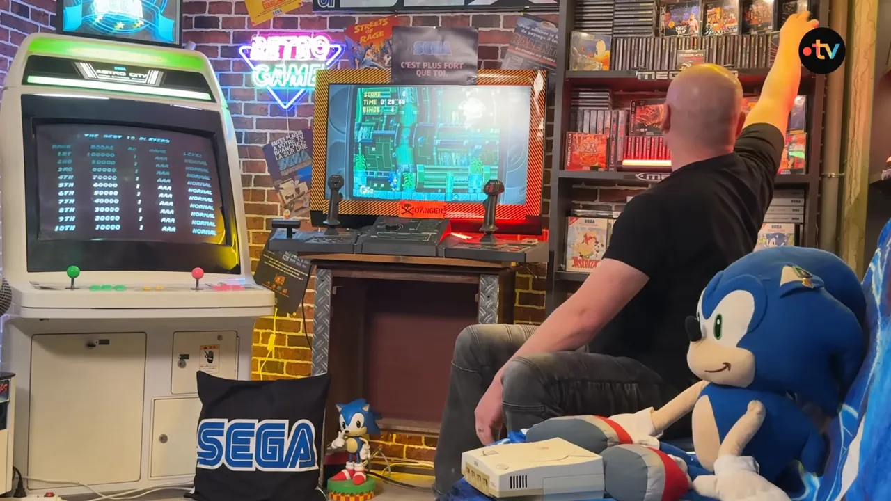 Téléviseur cathodique, borne d'arcade, figurine Sonic et étagères de jeux