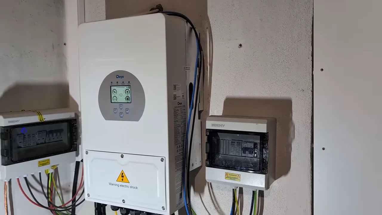 Onduleur Deye fixé au mur entre deux coffrets électriques
