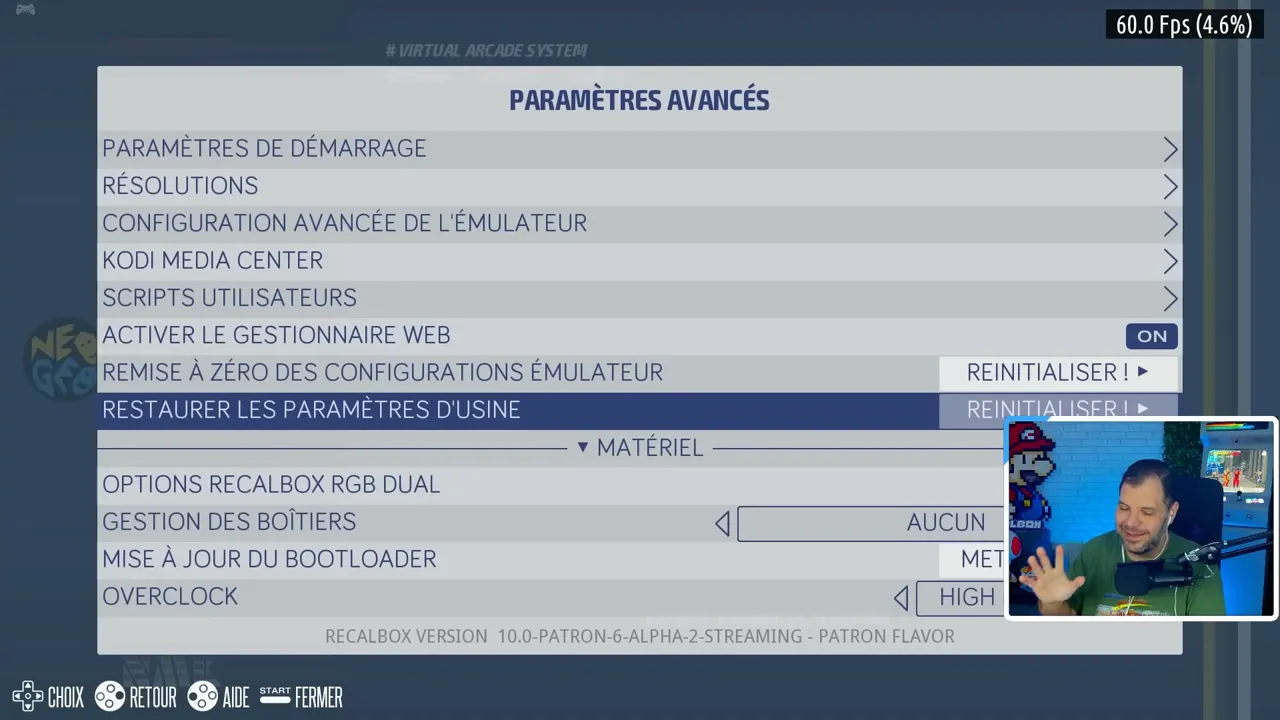 Paramètres avancés de Recalbox avec les options de réinitialisation des émulateurs et de restauration d’usine
