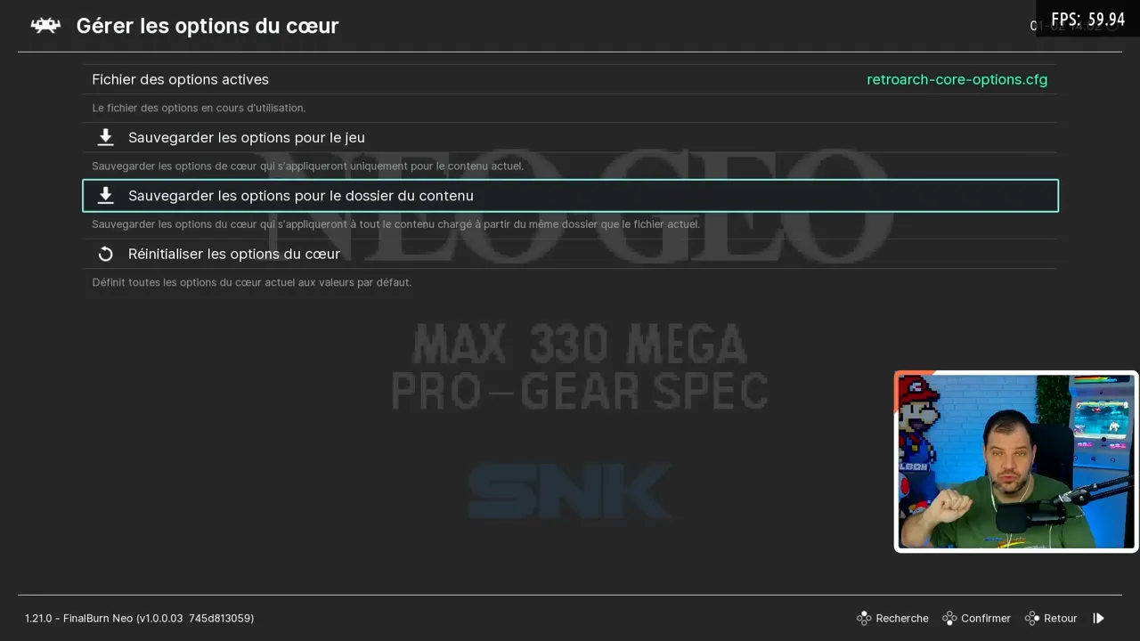 Menu Gérer les options du cœur avec la sauvegarde pour le dossier du contenu sélectionnée