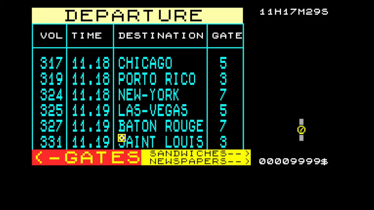 Menu des destinations du jeu sur Thomson affichant Chicago, New York, Las Vegas et d’autres villes