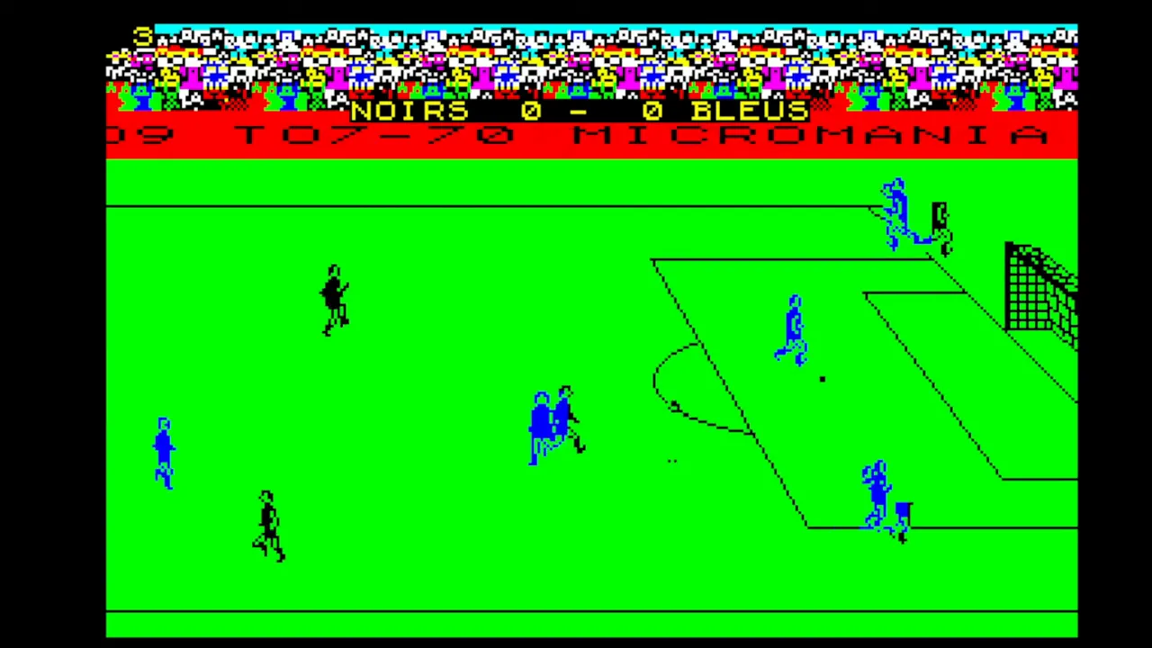 Capture d’écran de Match Day sur Thomson MO5/TO7, terrain de football vu du dessus