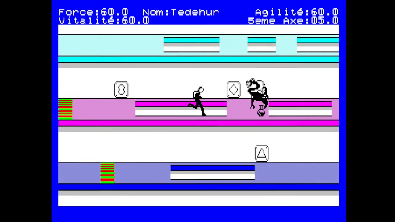 Capture du jeu Le 5e Axe sur Thomson MO5 : confrontation dans une salle de plateforme