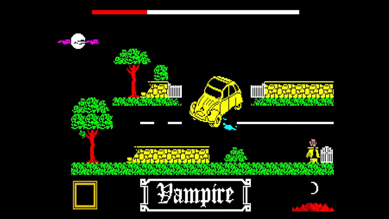 Écran de jeu Vampire sur Thomson MO5 : personnage et voiture dans un décor avec jauge de vie