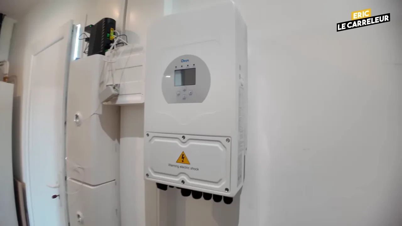 Onduleur hybride mural blanc avec écran frontal et sorties câblées visible sur le bas de l'appareil.