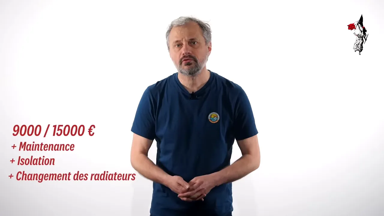 Intervenant sur fond blanc avec le texte '9000 / 15000 €' suivi de '+ Maintenance', '+ Isolation', '+ Changement des radiateurs'.