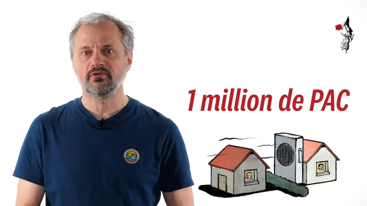 texte «1 million de PAC» accompagné d'une illustration de maisons et d'une pompe à chaleur