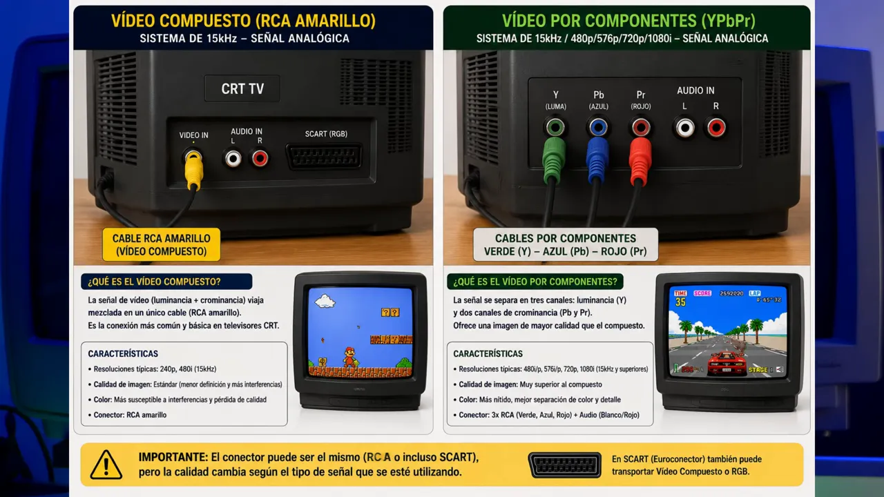 Infographie comparant les connecteurs vidéo composite RCA jaune et vidéo composantes YPbPr