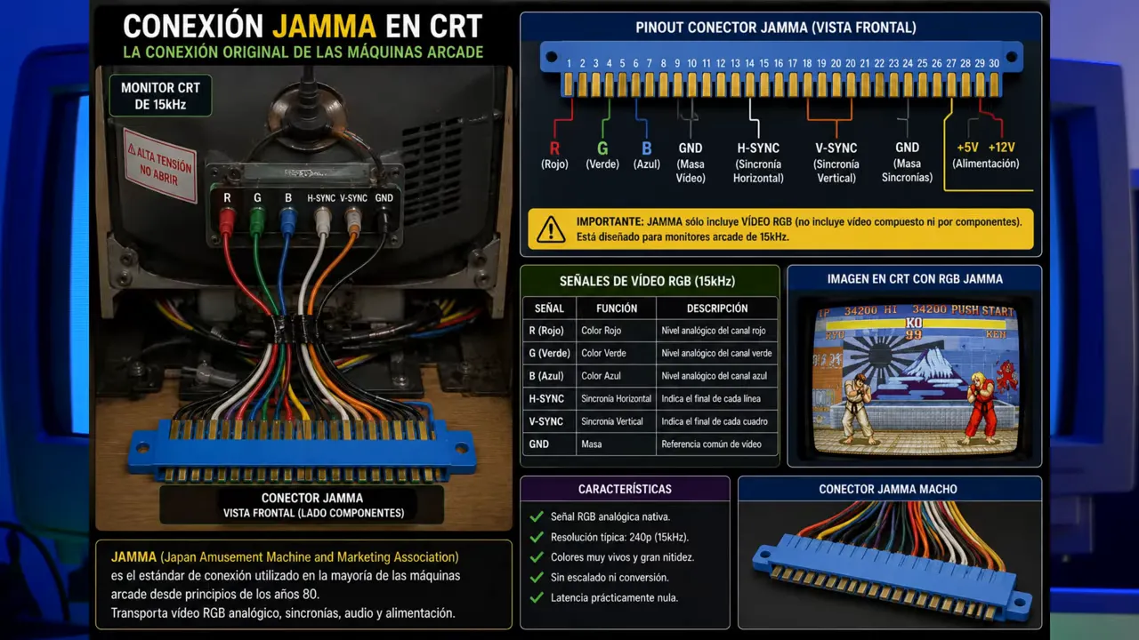 Schéma de connexion JAMMA vers un moniteur CRT avec câblage RGB et synchronisation