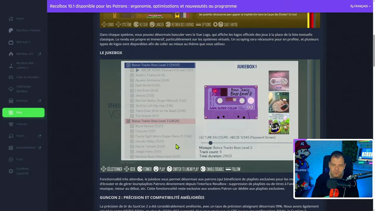 Interface Recalbox affichant des captures et options de mise à jour