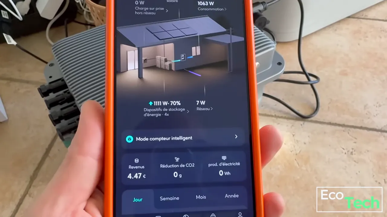 Tableau de bord de l'application Zendure affichant le schéma de la maison, les flux d'énergie et le bouton 'Mode compteur intelligent'