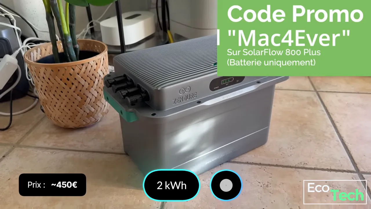 Zendure SolarFlow 800 Plus posée au sol avec annotations indiquant 2 kWh et prix environ 450€