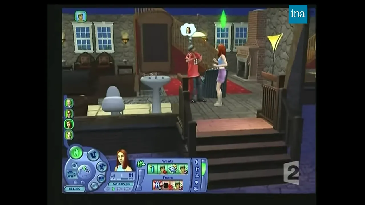 Écran des Sims montrant deux personnages dans une pièce avec interface de jeu