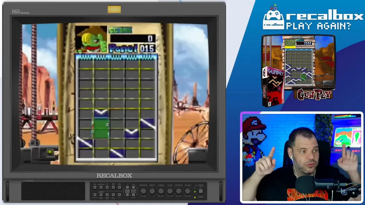 Capture nette de Gumay montrant la grille centrale, les blocs verts et bleus et l'interface Recalbox