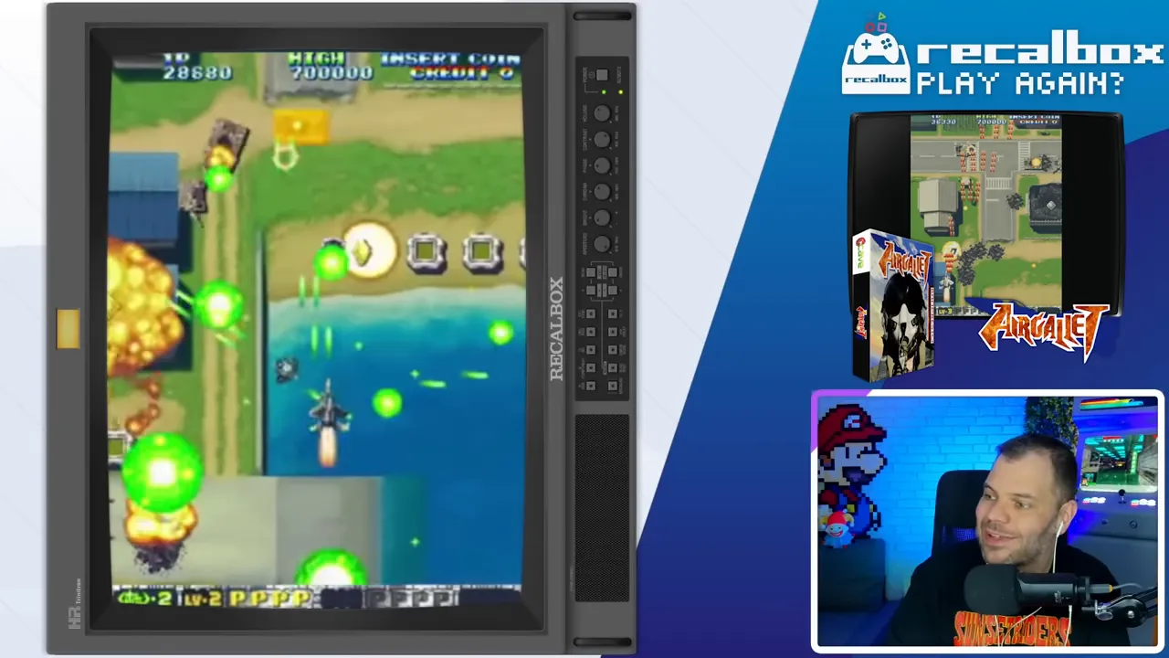 Capture nette d'Air Gallet sur Recalbox montrant des tirs verts, le vaisseau et l'interface de score