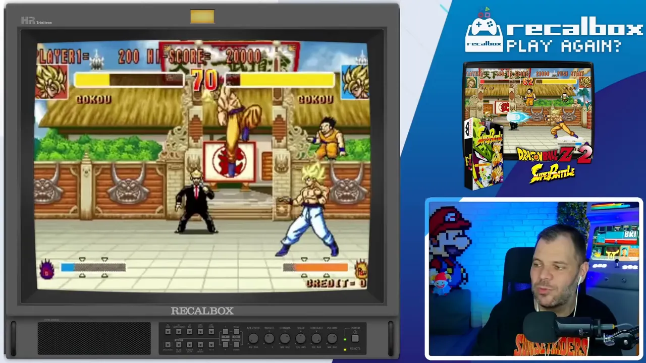 Capture nette de Dragon Ball Z 2 - Super Battle montrant un combat dans l'arène avec le cadre Recalbox et l'encart du streamer