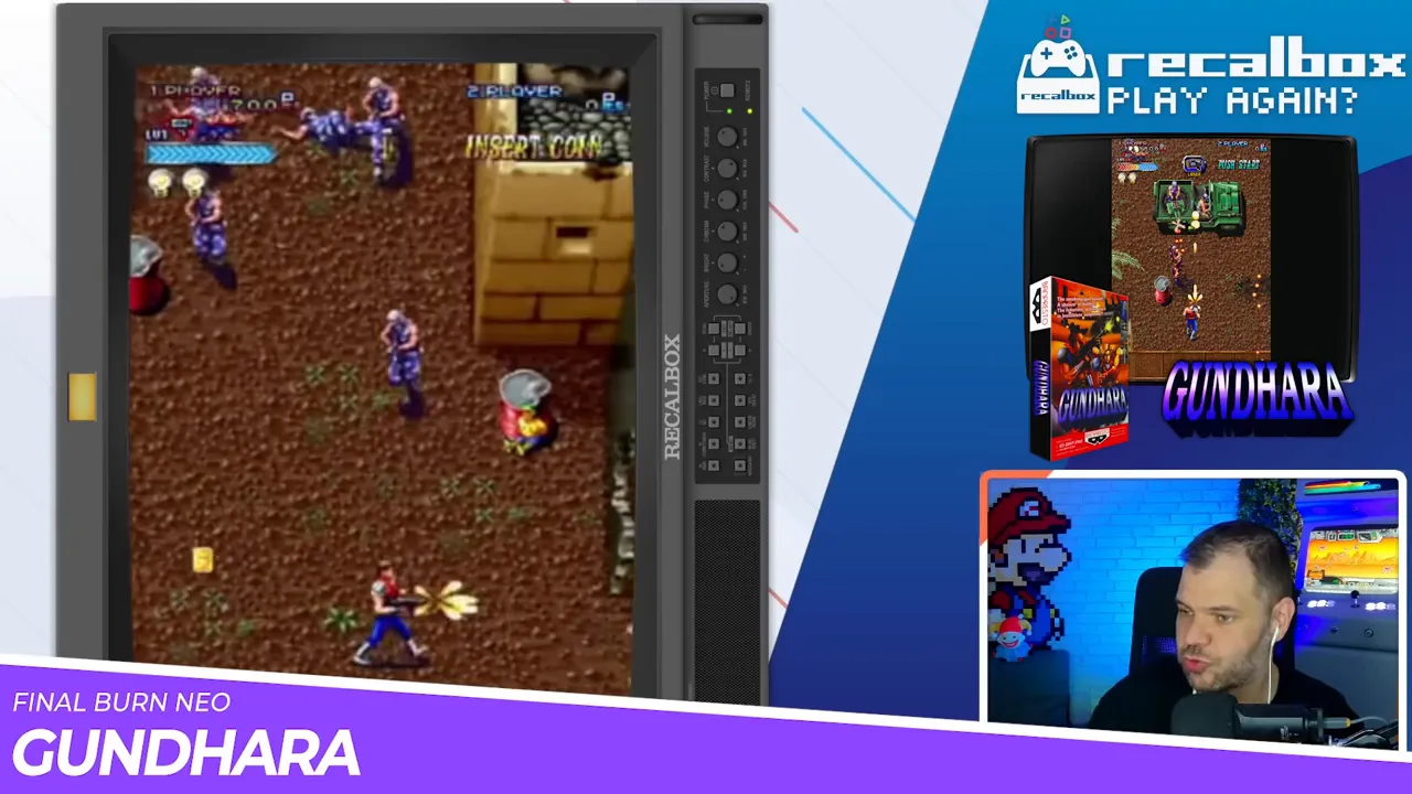 Image nette de gameplay de Gundhara montrant le joueur, des ennemis et les tirs dans un niveau vu du dessus.