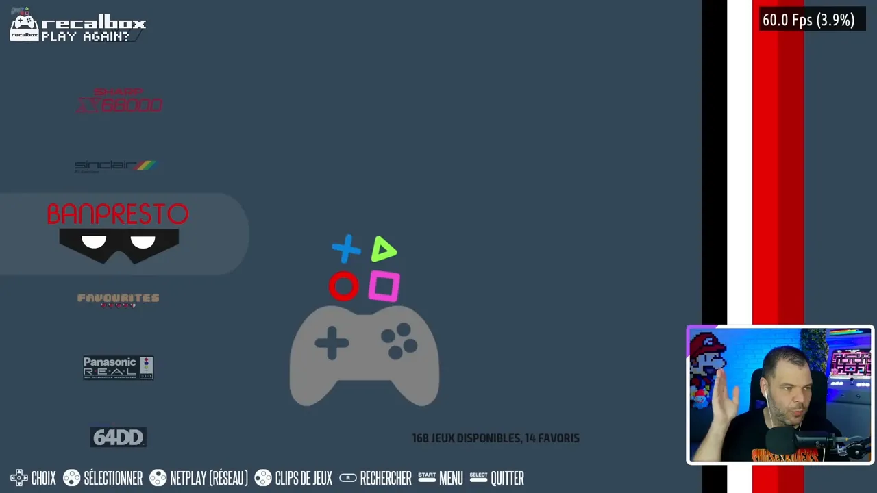 Écran du menu Recalbox avec la sélection Banpresto et icône d'une manette