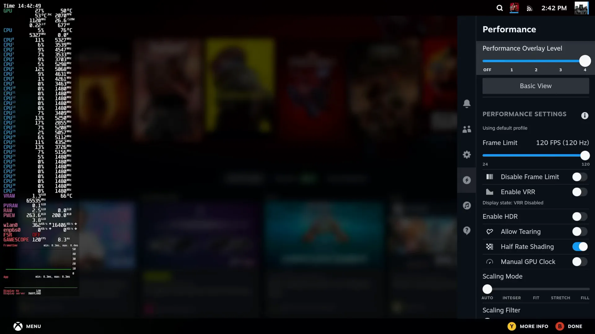 Overlay de performance SteamOS montrant 16 cœurs et 32 threads