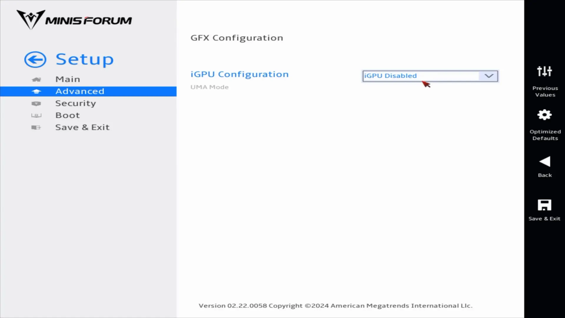 Capture BIOS montrant l'option iGPU à désactiver