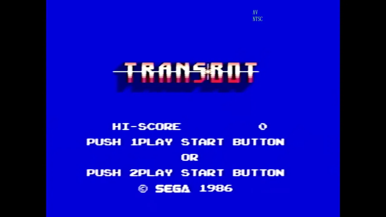 Écran titre bleu du jeu Transbot avec les instructions 'PUSH 1PLAY START BUTTON' et la mention © SEGA 1986