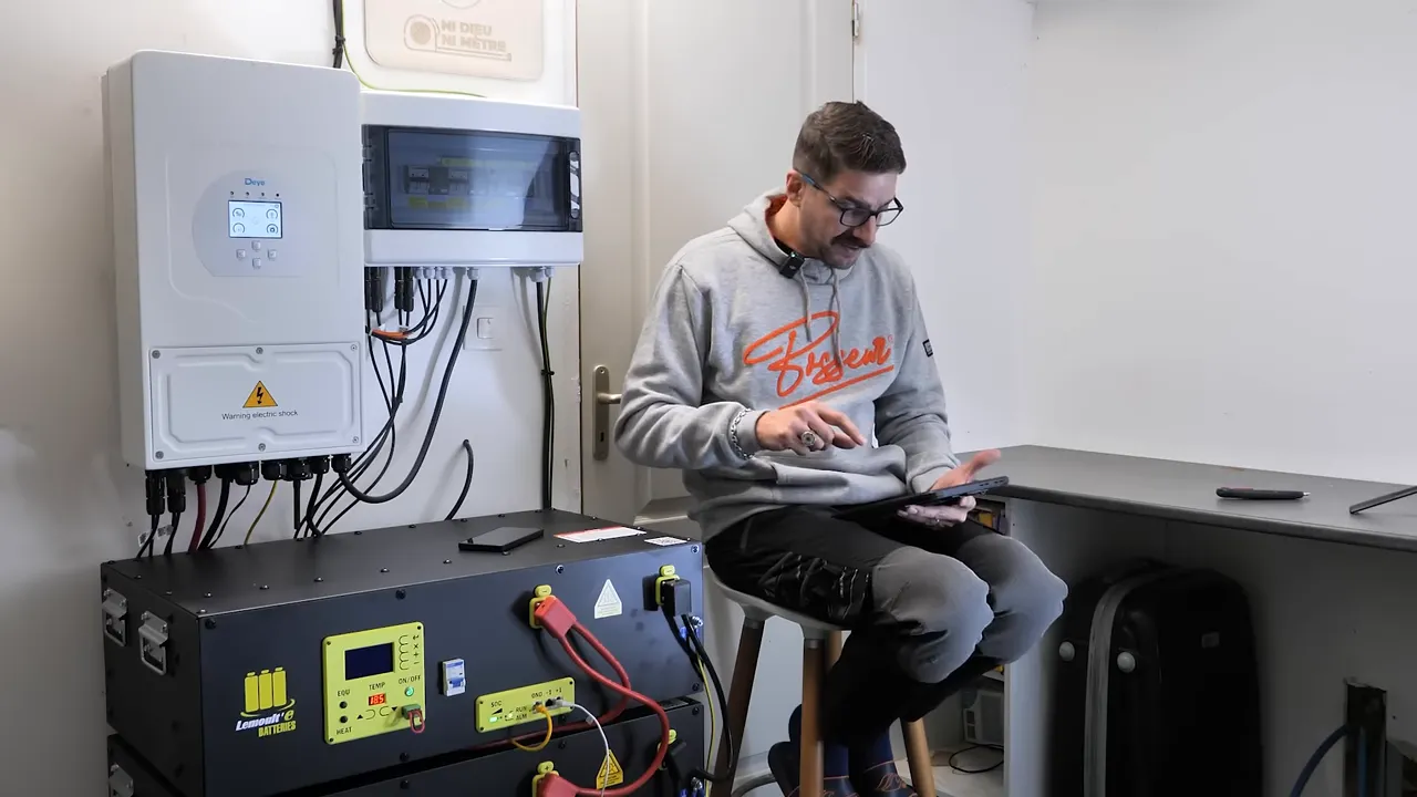 Gros plan sur le module batterie avec écran de contrôle jaune, connecteurs rouges et bleus et câblage apparent