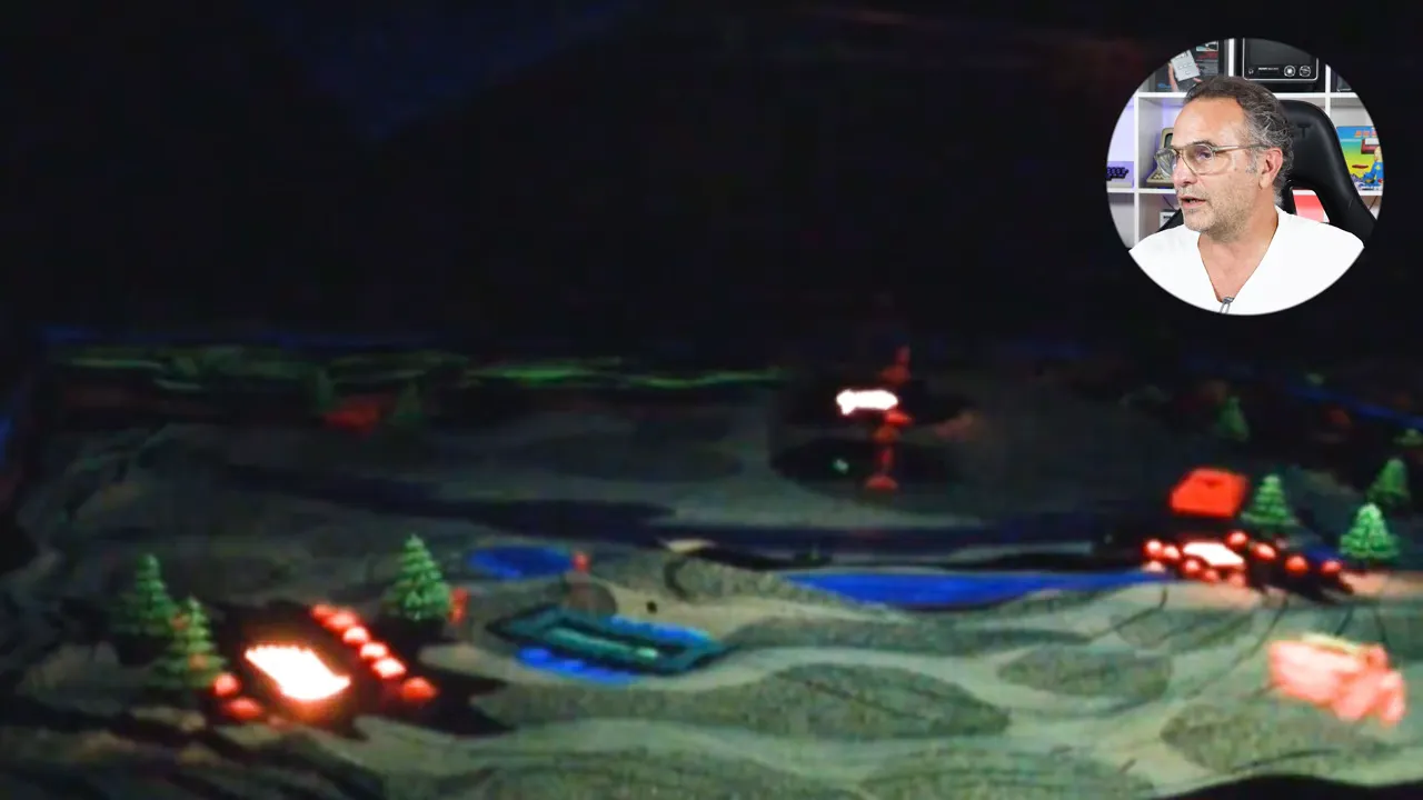 Décor de course nocturne avec buggy lumineuse et voiture adverse
