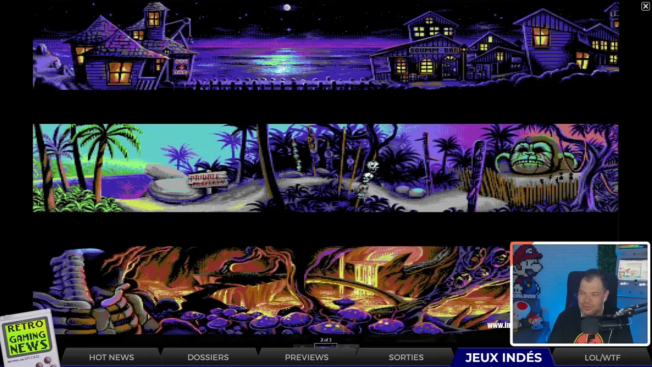 Capture d'écran en pixel art montrant plusieurs bandes d'illustrations rétro (style C64) avec un petit encart webcam et le bandeau 'JEUX INDÉS'.