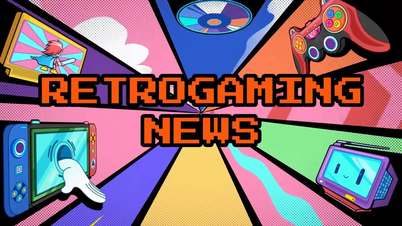 Illustration colorée avec le texte 'RETROGAMING NEWS' en gros caractères pixelisés, motifs et icônes de jeu rétro