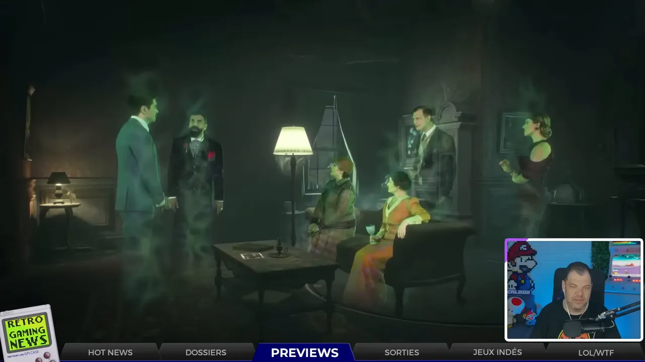 Capture d'écran du remake de The 7th Guest montrant plusieurs apparitions fantomatiques dans un salon sombre, avec petit encart webcam de l'animateur en bas à droite