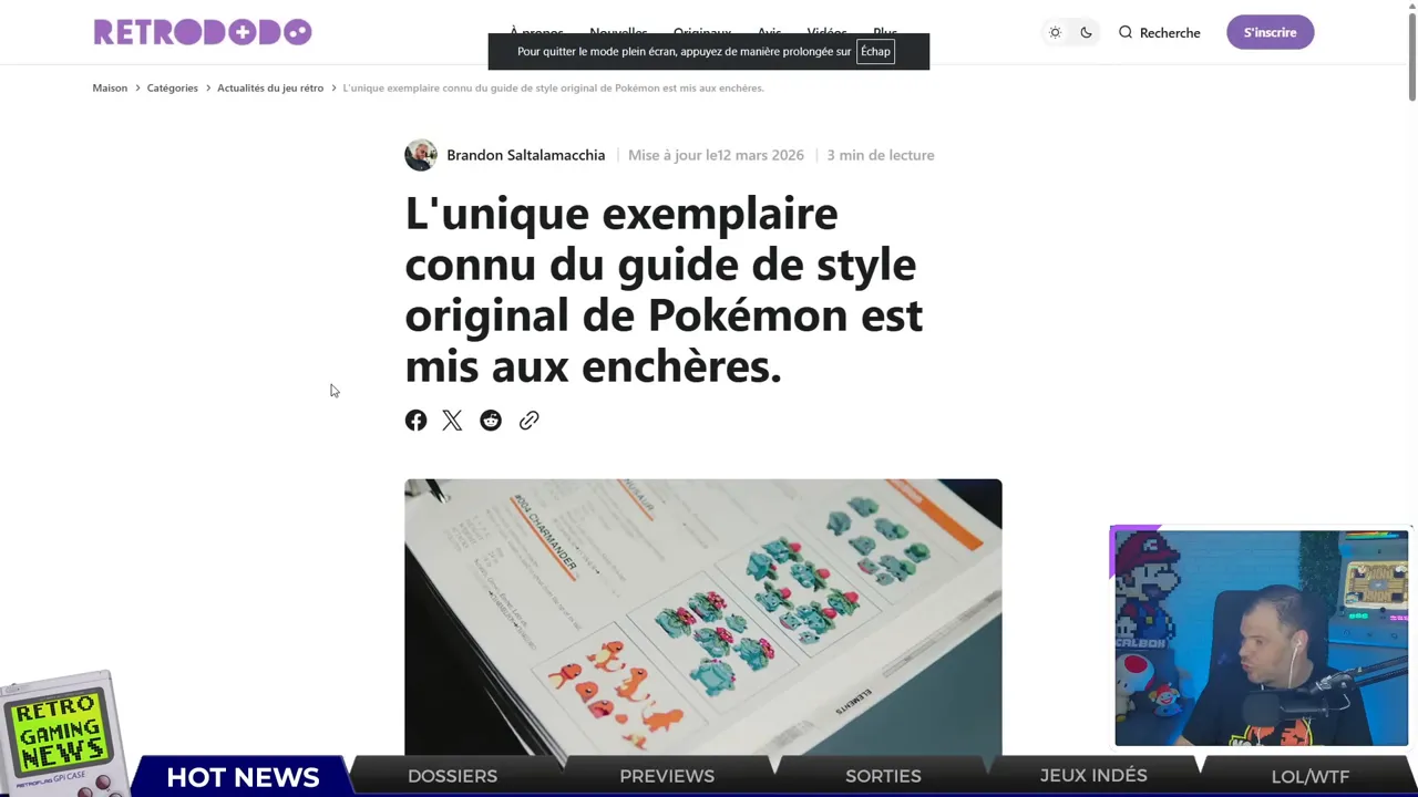 Capture d'écran d'un article RetroDodo annonçant la mise aux enchères du guide de style Pokémon, titre large et photo du guide visibles