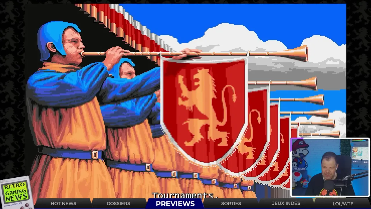 Pixel art montrant des trompettistes et bannières rouges (capture Defender of the Crown) avec encart webcam