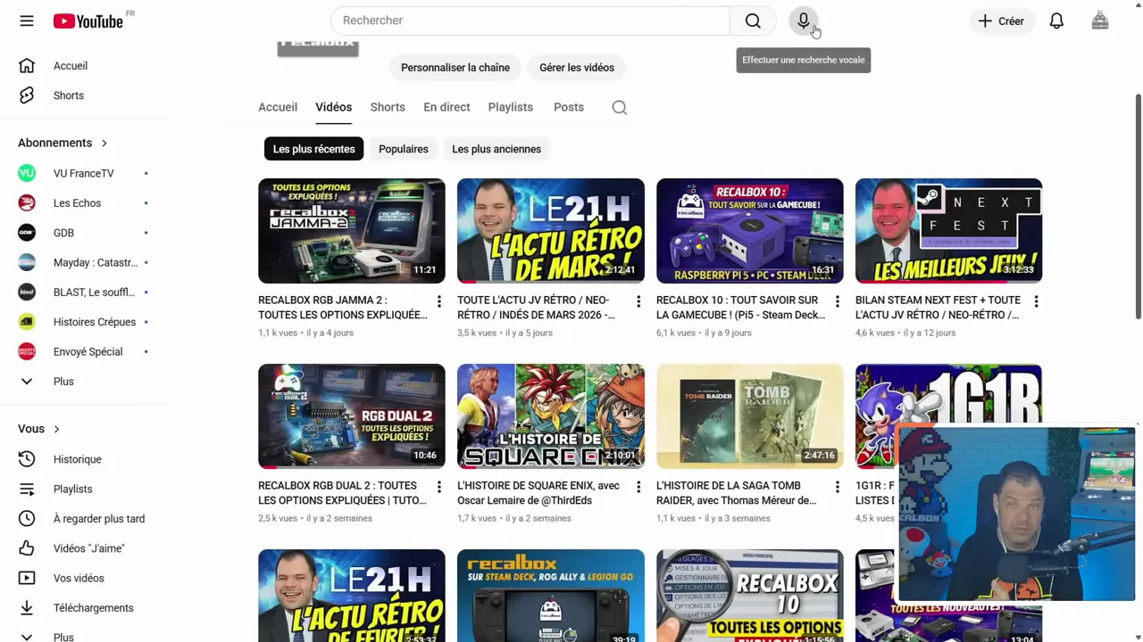 Interface YouTube montrant plusieurs vignettes de vidéos Recalbox et tutoriels, image claire et nette