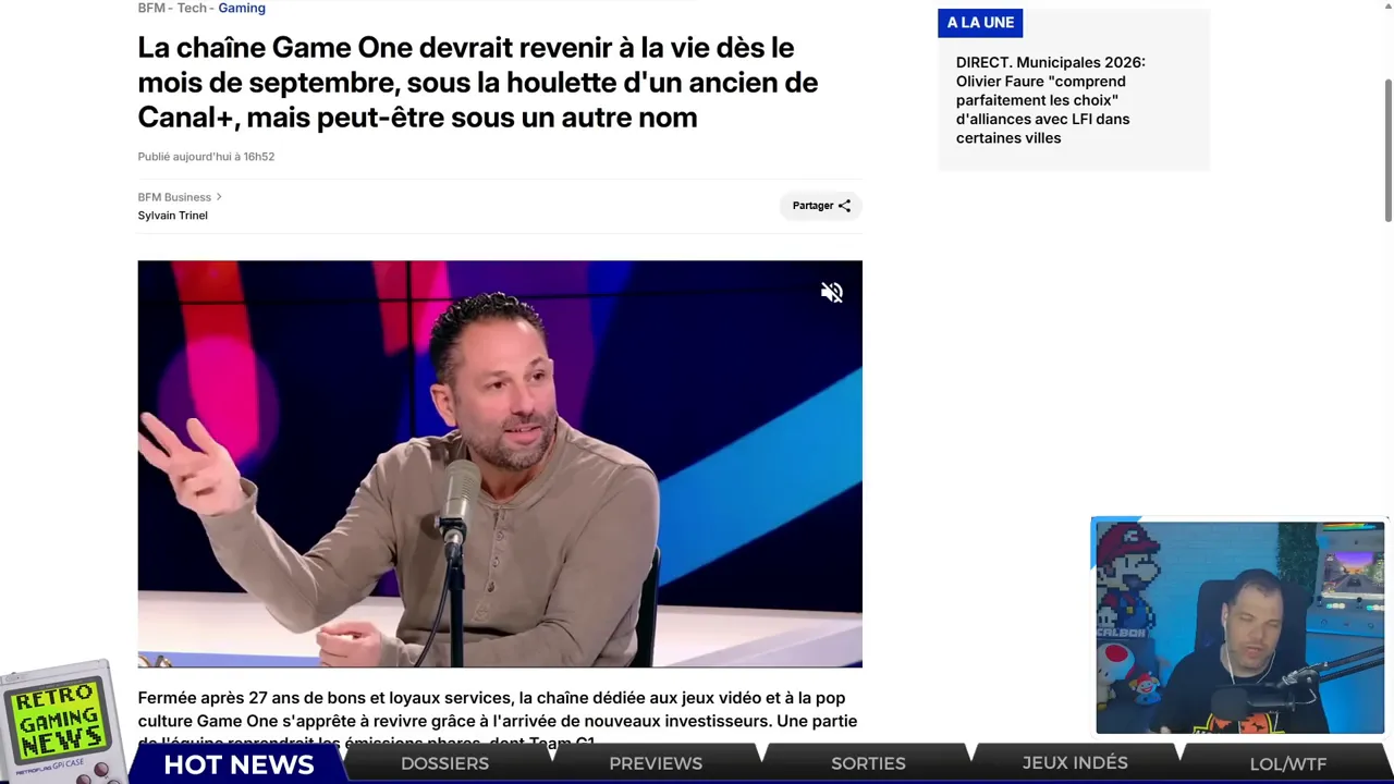 Capture d'écran d'un article 'La chaîne Game One devrait revenir' avec l'intervenant gesticulant au micro