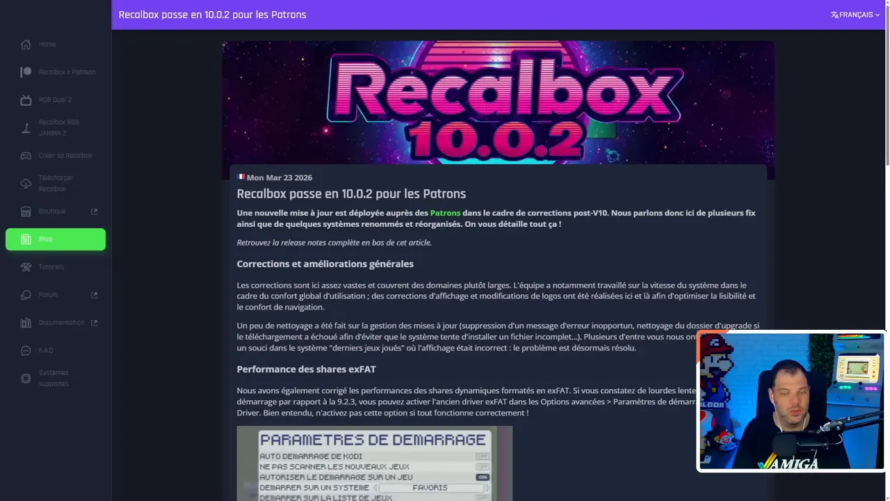 Interface Recalbox 10.0.2 affichant « Recalbox passe en 10.0.2 pour les Patrons »