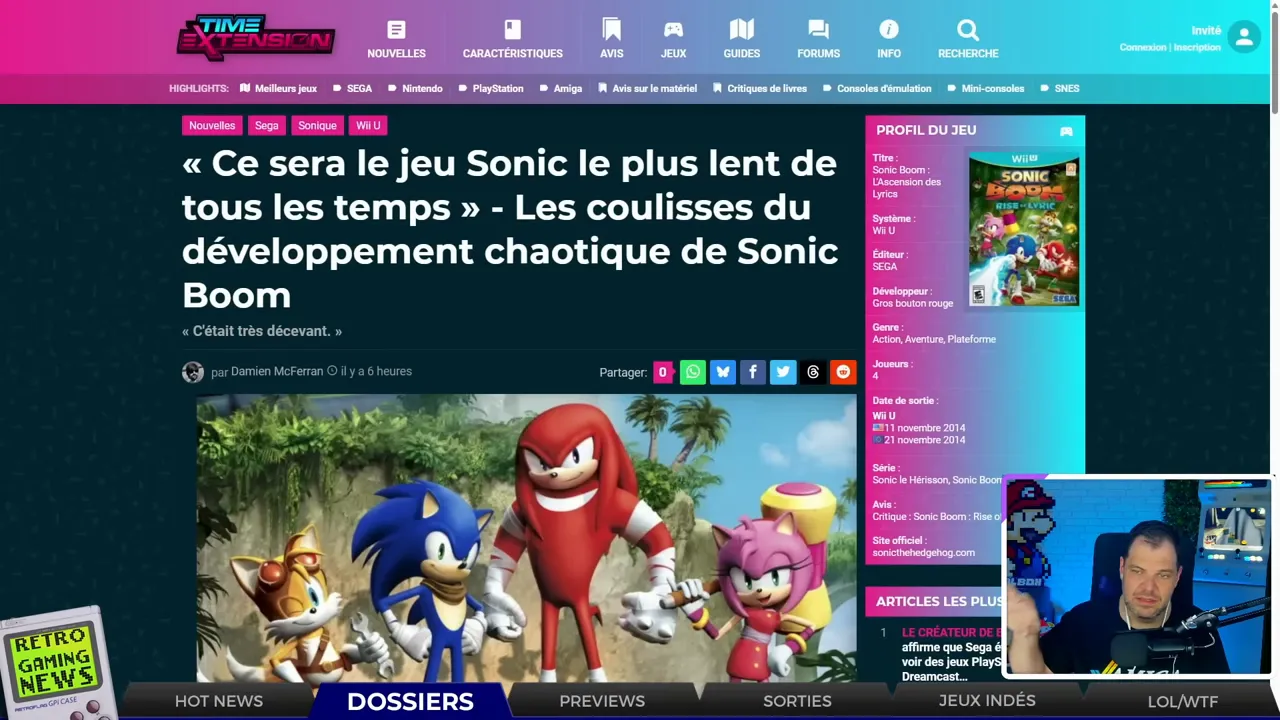 Article mis en avant « Sonic Boom : développement chaotique » sur un site rétro-gaming