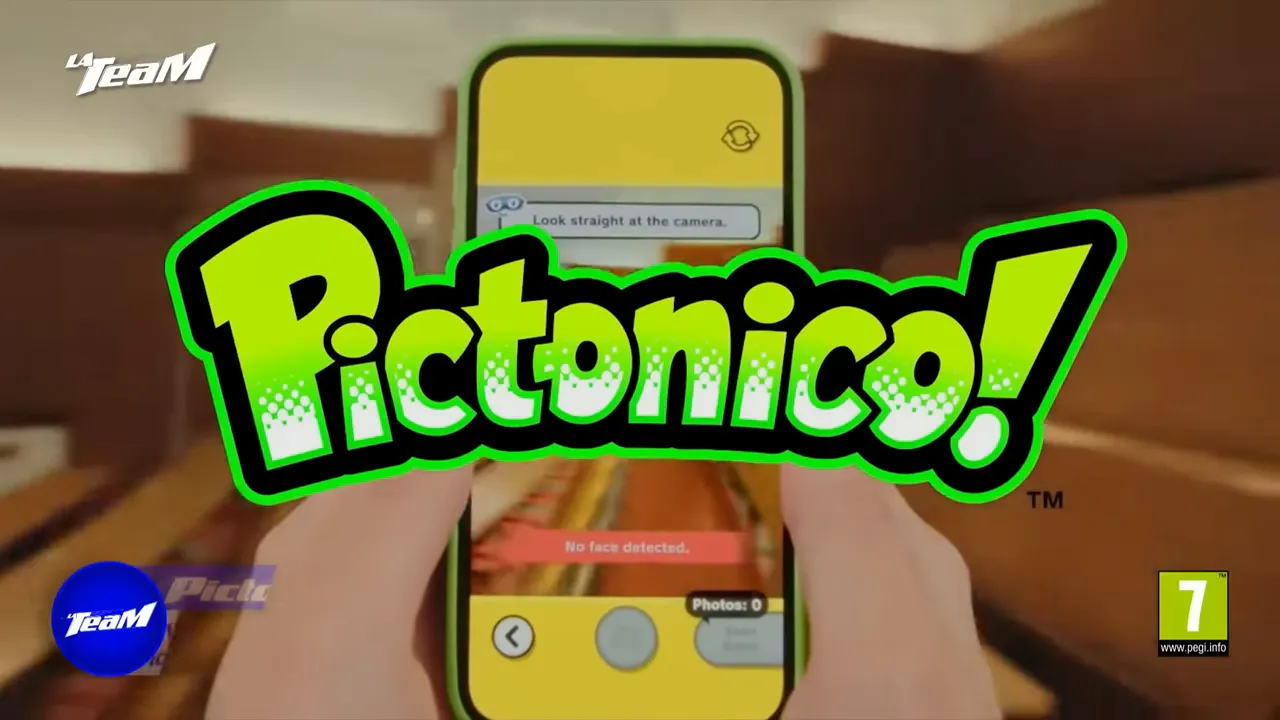 Interface Pictonico avec texte “Pictonico!” et détection faciale sur smartphone