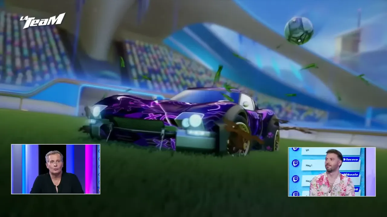 Voiture Rocket League violette avec éclairages améliorés en match