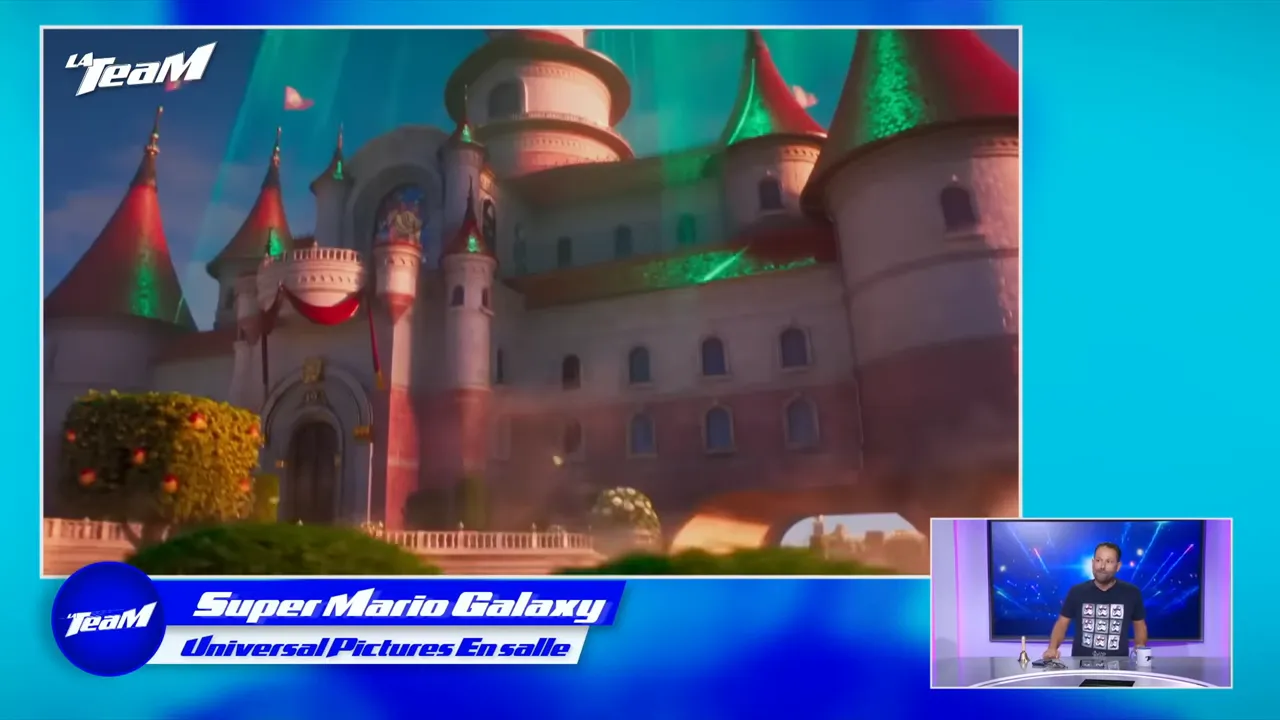 Château de Super Mario Galaxy en vue large, ambiance univers cinéma