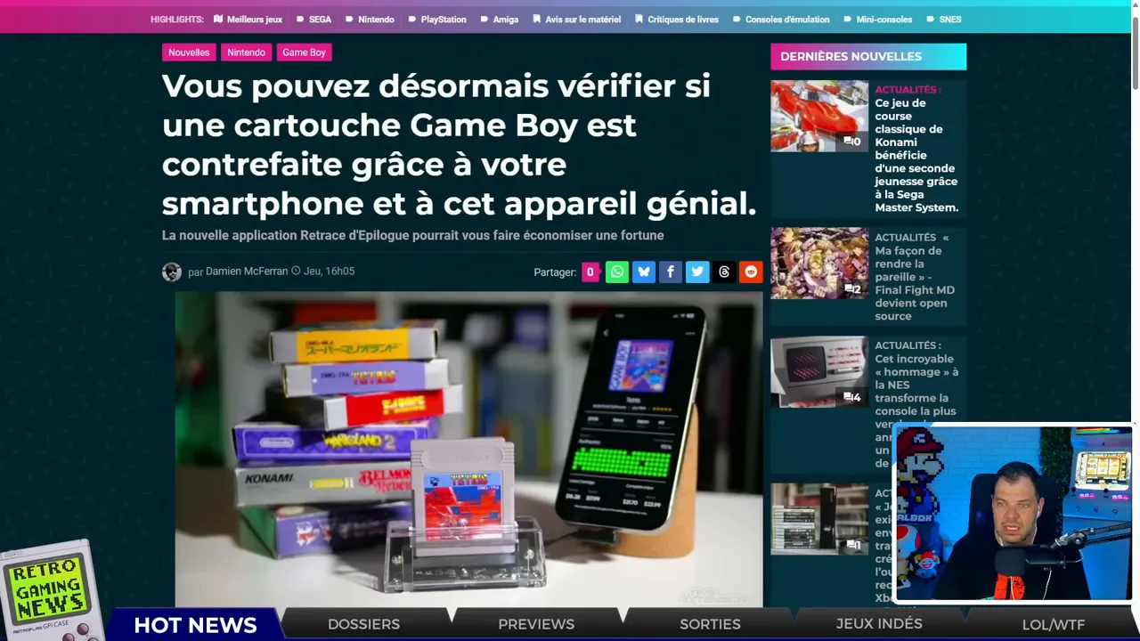 Interface et visuel Retrace : vérification d’authenticité de cartouches Game Boy depuis un smartphone