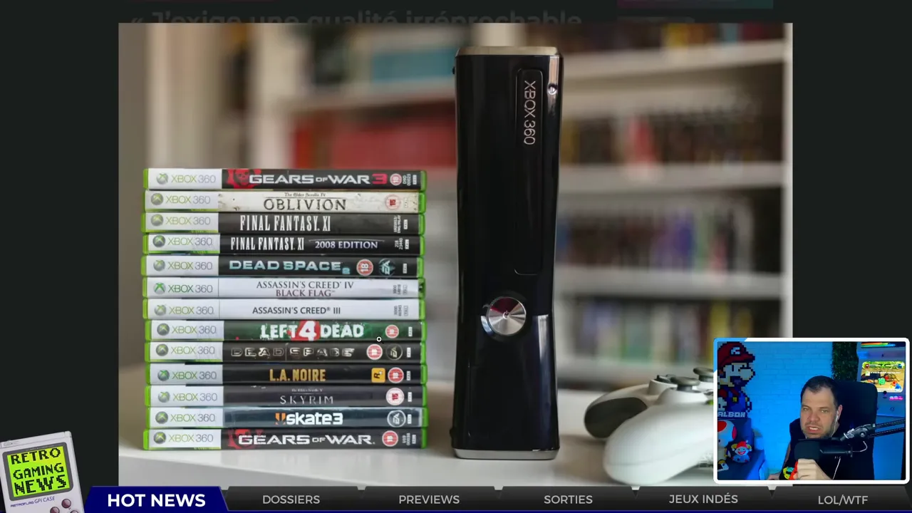 Xbox 360 posée avec des boîtiers de jeux, utilisée comme visuel pour parler de portages vers PC