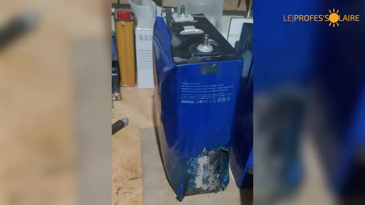 Cellule LFP gonflée avec gaine plastique abîmée et partie inférieure fondue