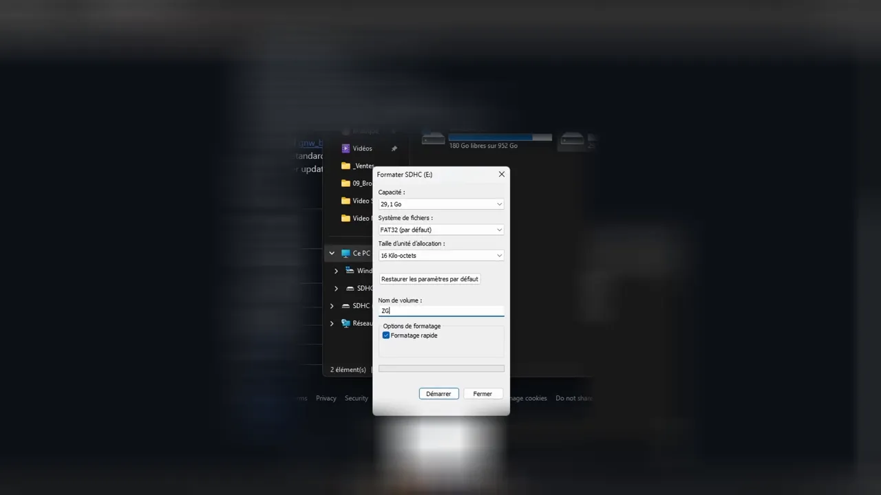 Fenêtre Windows de formatage d’une carte microSD en FAT32 pour Retro-Go SD