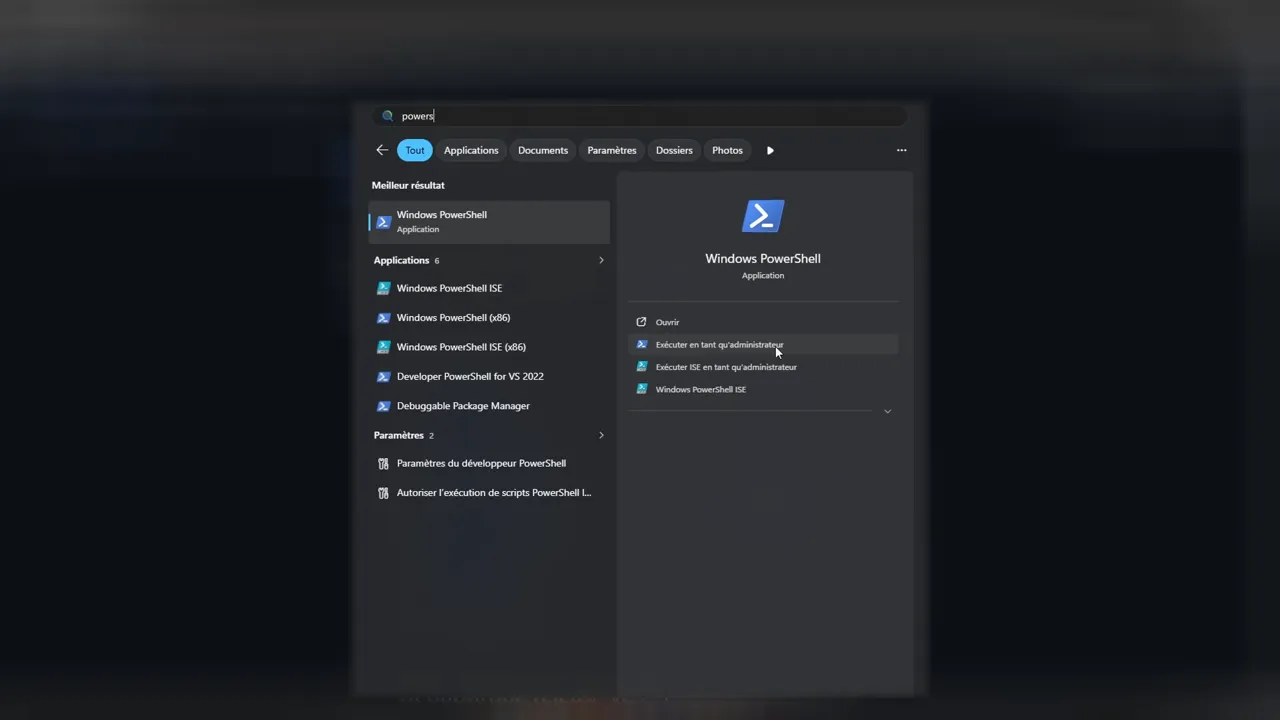 Windows PowerShell affichant l’option d’exécution en tant qu’administrateur avant d’installer les outils du mod