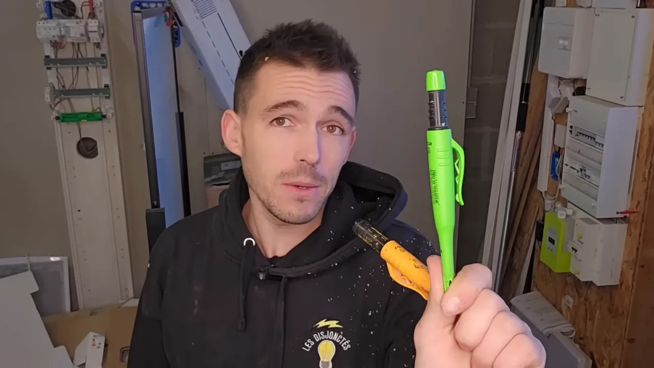 Présentateur tenant un marqueur vert de chantier (Pica) proche de la caméra