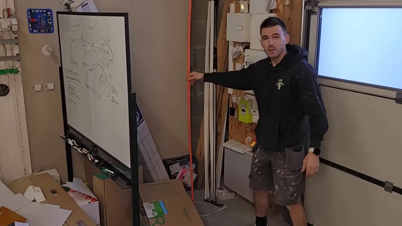 Présentateur montrant un mètre‑bâton orange verticalement, atelier et tableau électrique en arrière‑plan