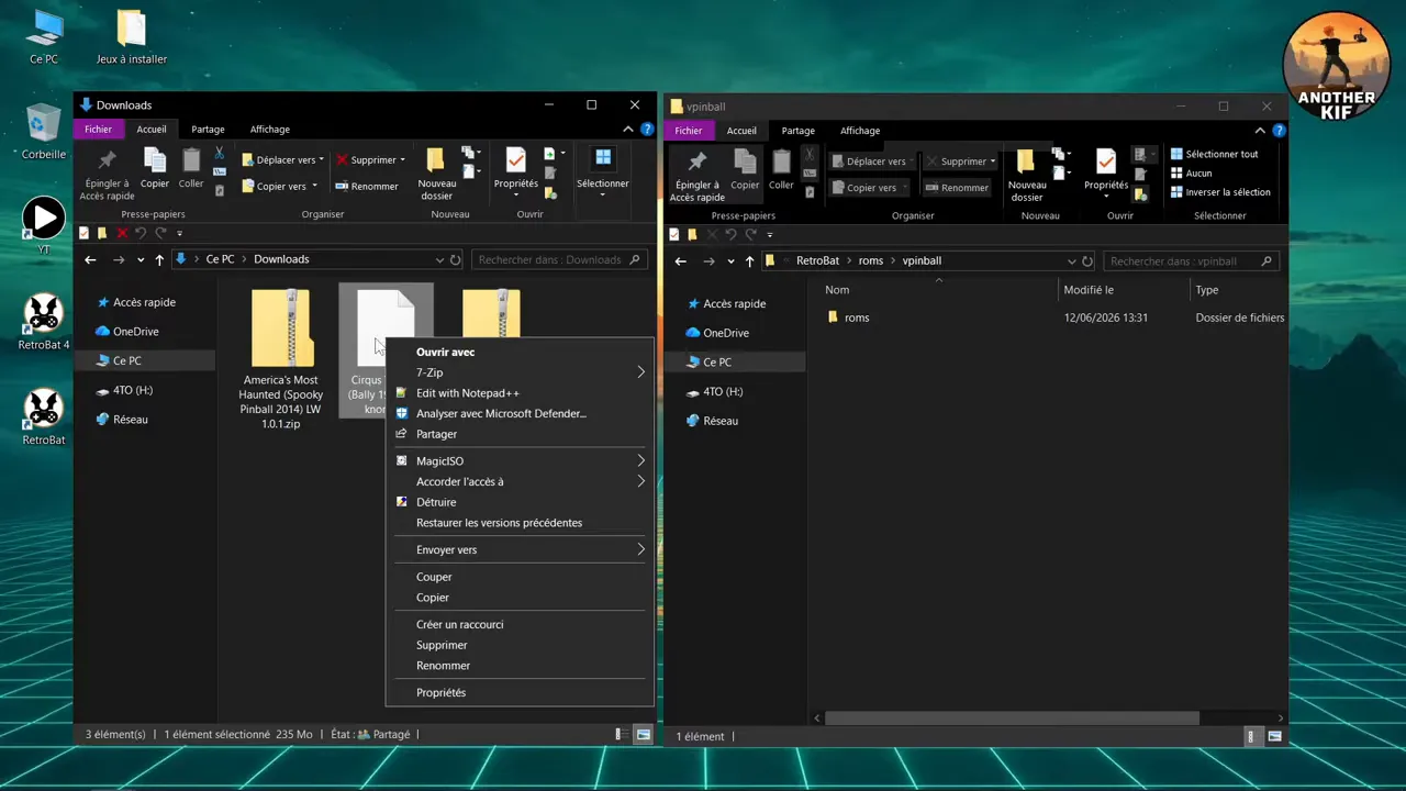 Explorateur Windows montrant des archives de tables et leur extraction dans des dossiers