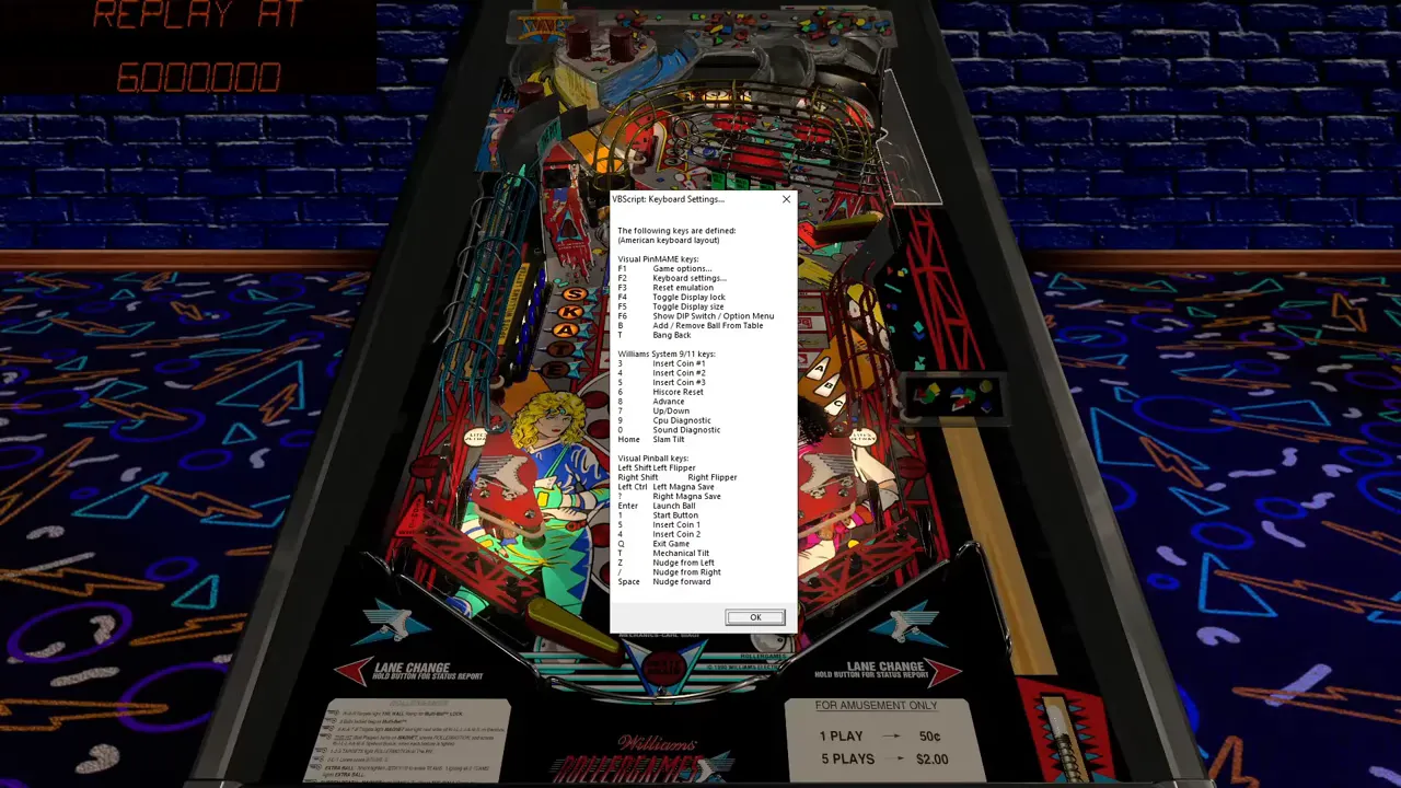 Fenêtre de liste de commandes et paramètres affichée au dessus d une table de flipper